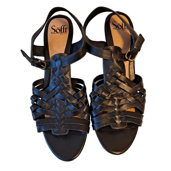 Sofft Black Petula Braided Leather Ankle Strap Wedge Sandals - Size 10M - Picture 1 of 9